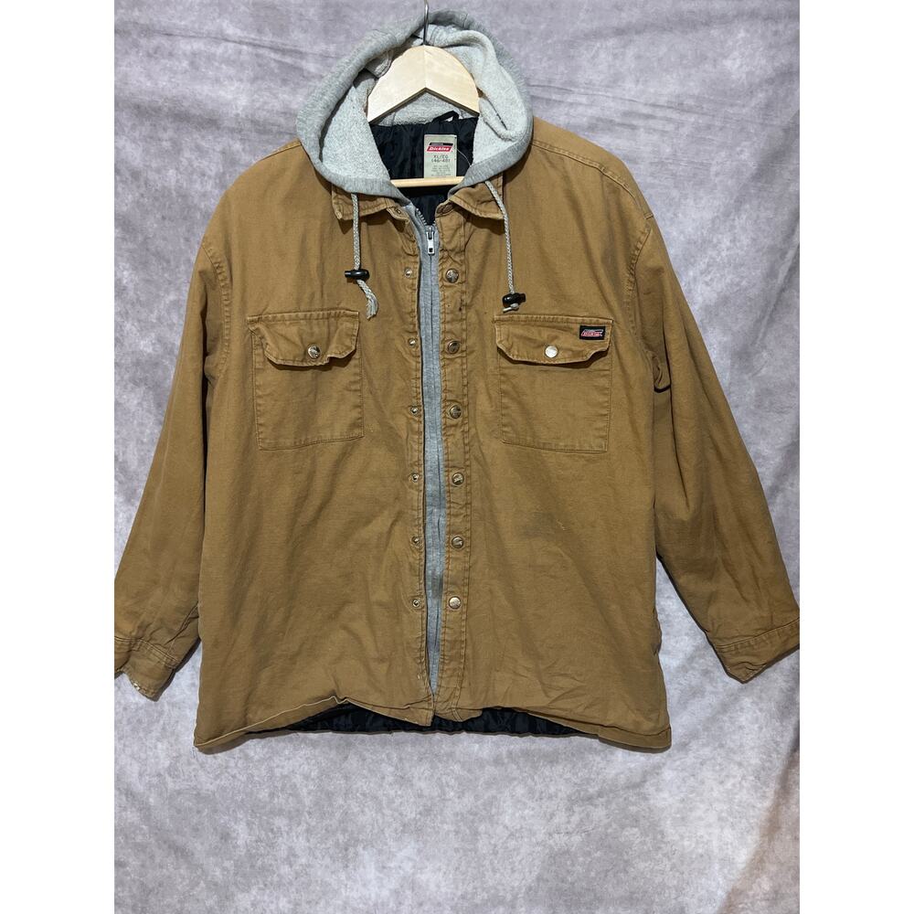 Distressed Dickies Brown Work Jacket with Gray Hooded Liner ripped worked in